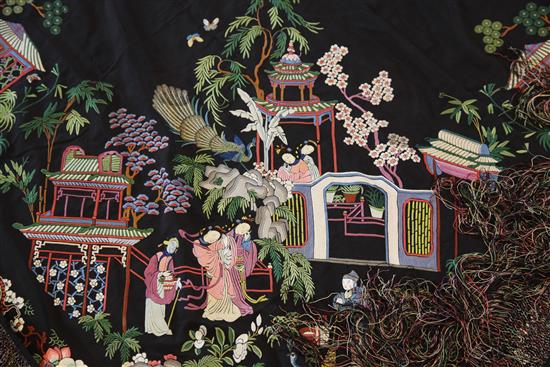 A Chinese black silk shawl, 20th century, 160 x 160cm plus fringes